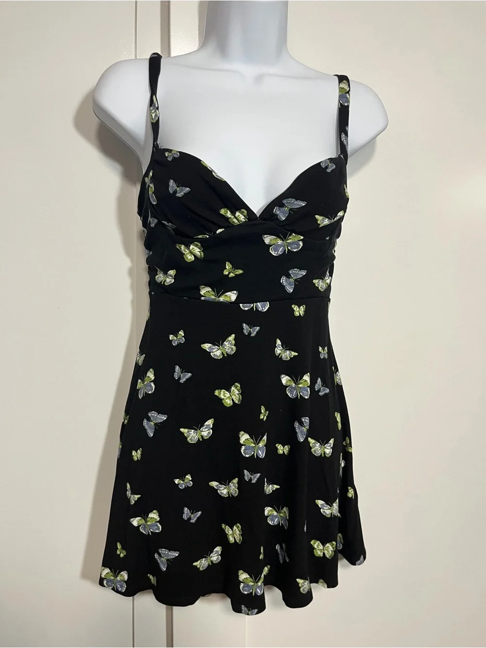 Urban Outfitters Black Mini Dress Butterfly Print Size Small Skater Whimsygoth - Picture 2 of 8